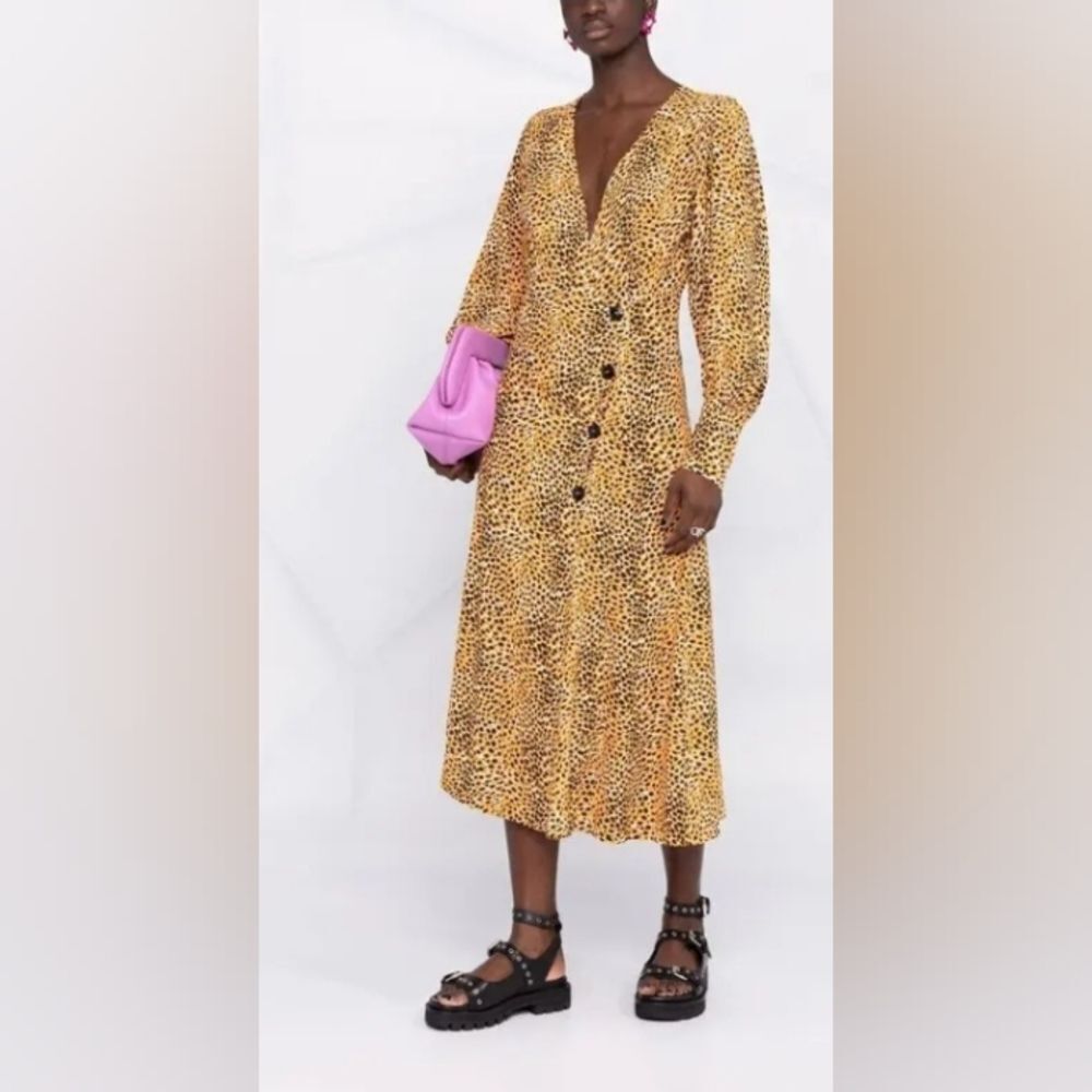 Ganni Animal Print long sleeve  Asymmetric Midi Dress Orange size 40/M